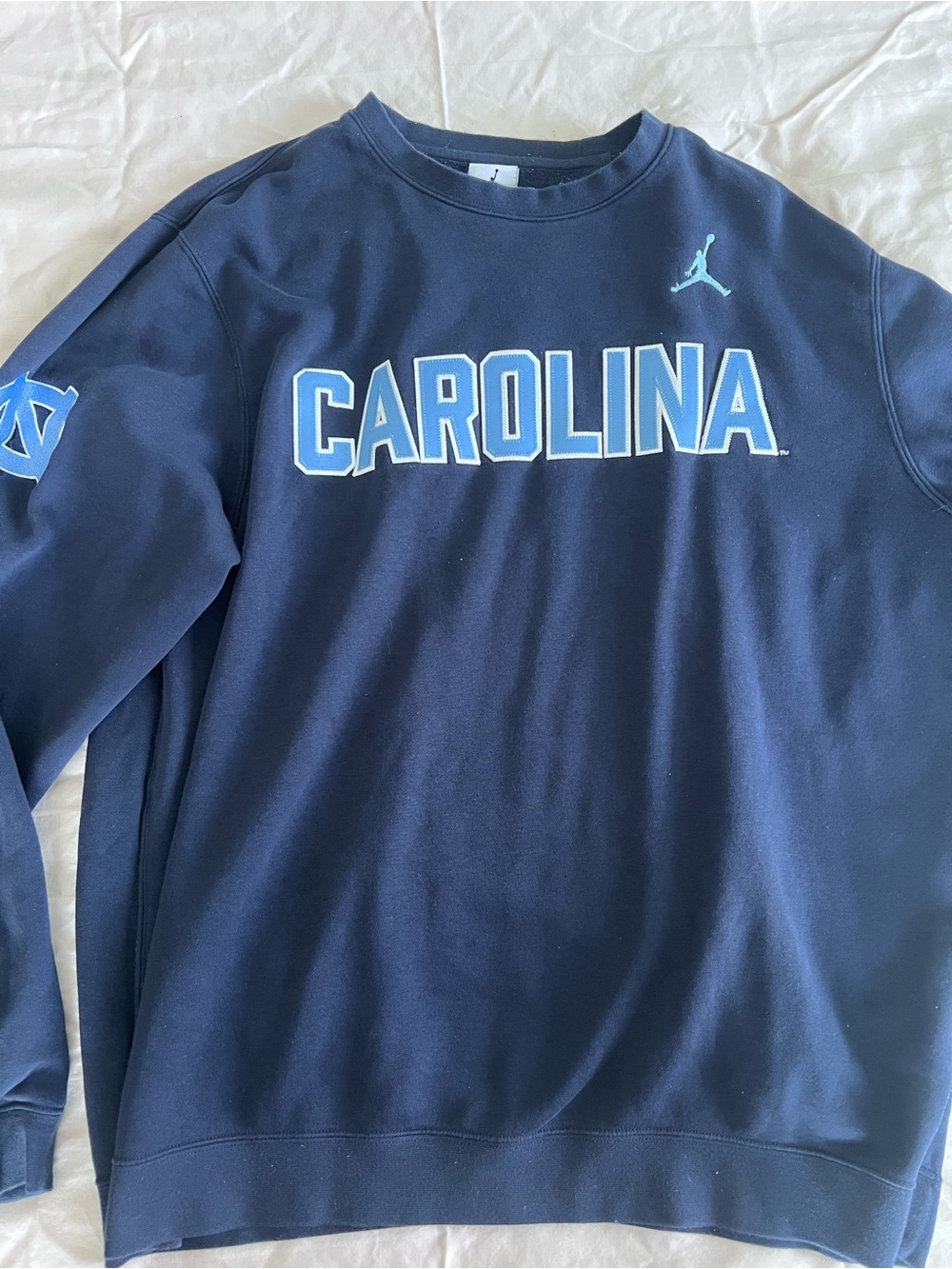 Jordan Navy Crewneck with Carolina Script and Light Blue Accents